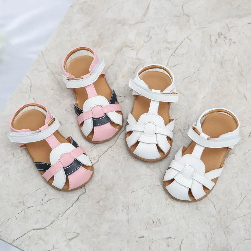 girls sandals PU closed toe T-strap white pink 2020 new kids shoes toddler summer footwear infant shoes SandQ little kids strips