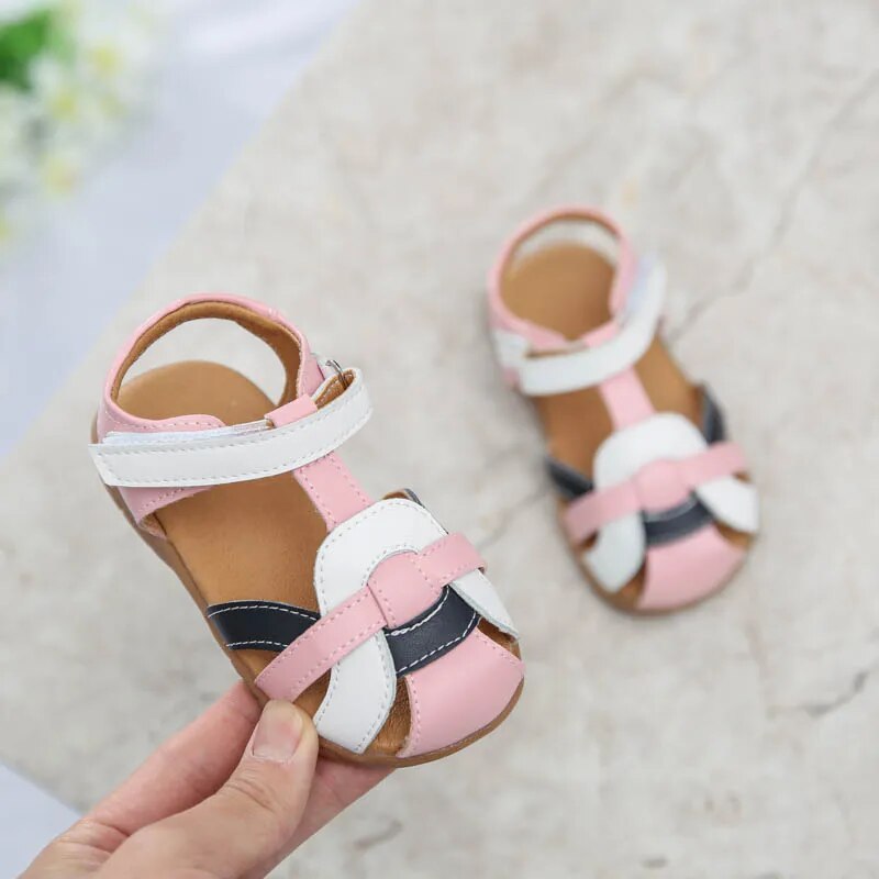 girls sandals PU closed toe T-strap white pink 2020 new kids shoes toddler summer footwear infant shoes SandQ little kids strips
